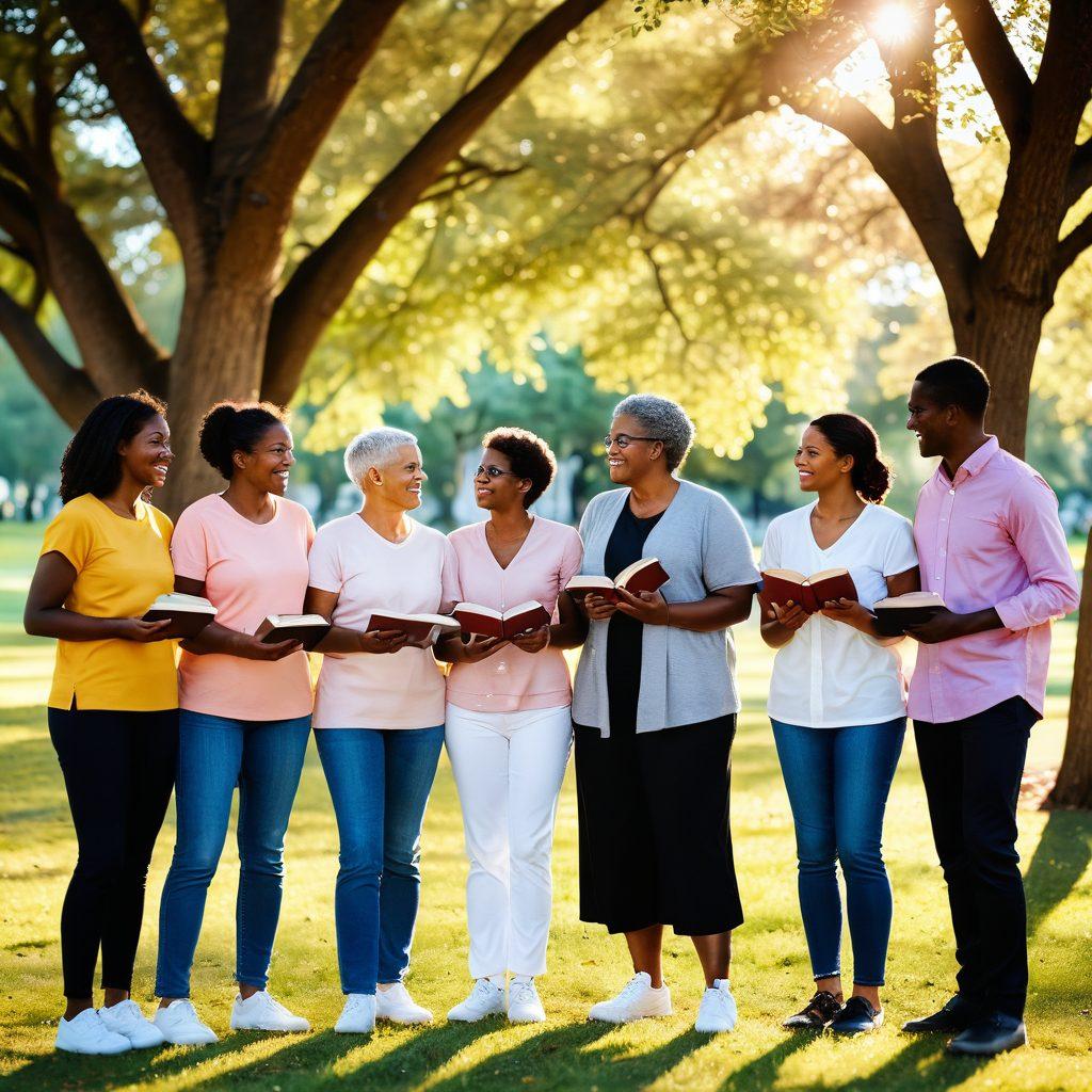 A diverse group of people, smiling and supporting each other, gathered in a serene park setting, holding hands and sharing stories about their experiences with cancer. Soft sunlight filters through the trees, casting a warm glow, symbolizing hope and resilience. Include symbolic elements like ribbons and books to represent knowledge and awareness about cancer. warm colors. super-realistic. nature background.
