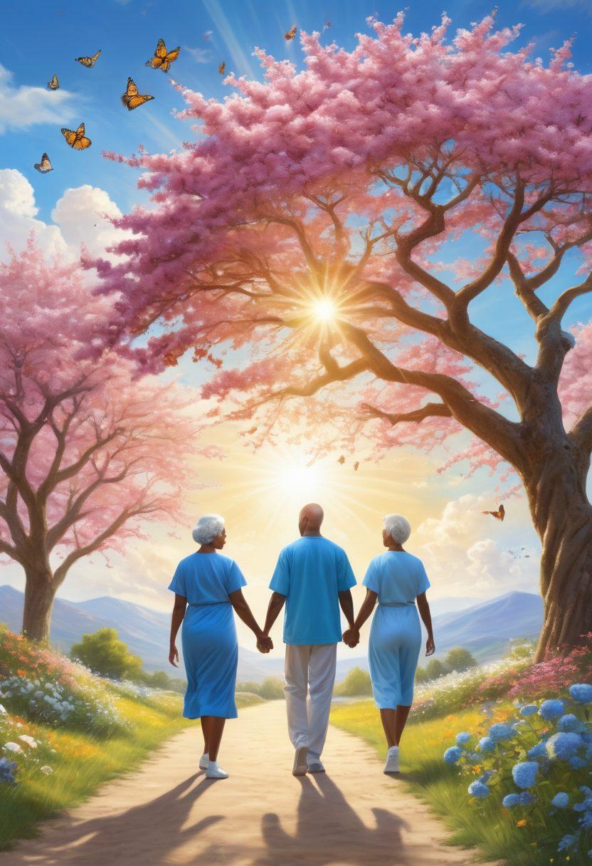 A serene landscape depicting a diverse group of cancer survivors walking hand-in-hand under a bright sun, symbolizing hope and resilience. In the background, a beautiful tree is blossoming, representing growth and renewal, while butterflies flutter around them. The sky is vibrant blue with soft white clouds, creating an uplifting atmosphere. super-realistic. vibrant colors.