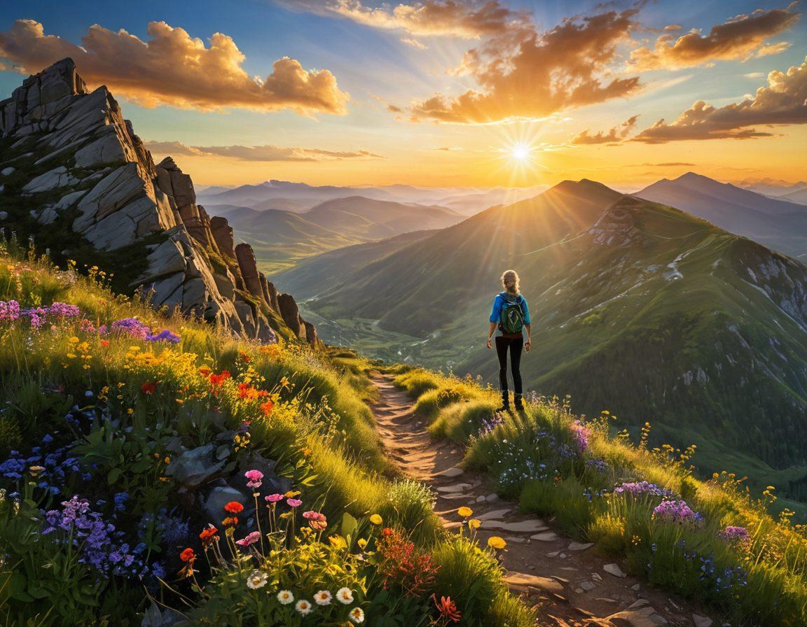 A symbolic representation of a cancer survivor, standing victoriously on a mountain peak, bathed in golden sunlight, surrounded by vibrant wildflowers symbolizing hope and resilience. In the background, a winding path leading through a lush green valley, signifying the journey from diagnosis to recovery. The scene should evoke a sense of triumph, strength, and optimism. vibrant colors. super-realistic.